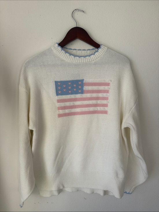 Soho & Stella Sweaters - American Flag Crewneck Sweater with Pastel Pink & Blue Lace Motif, NWT